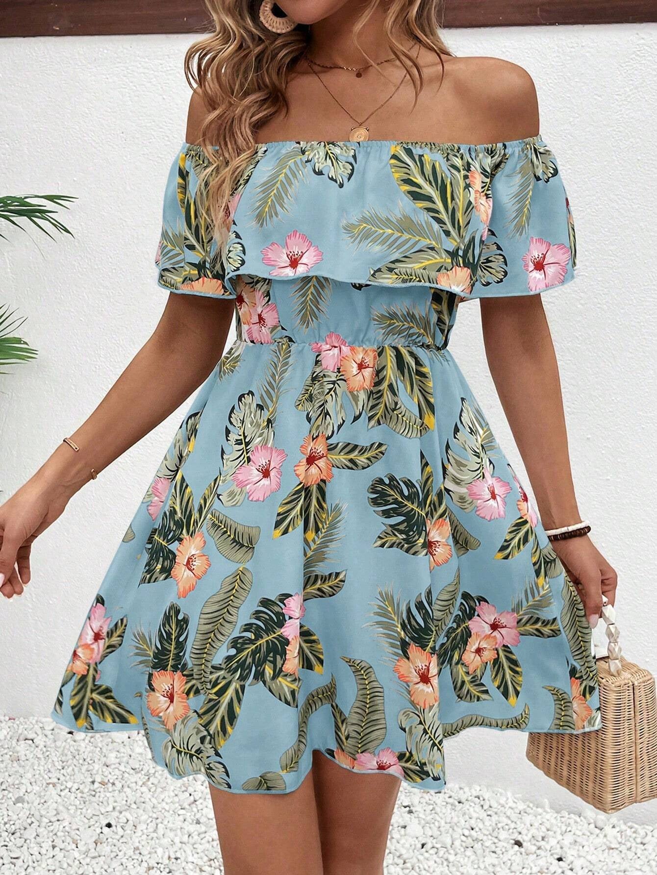 Summer Elegant Ladies Printed off the Shoulder Collar Ruffled Dress