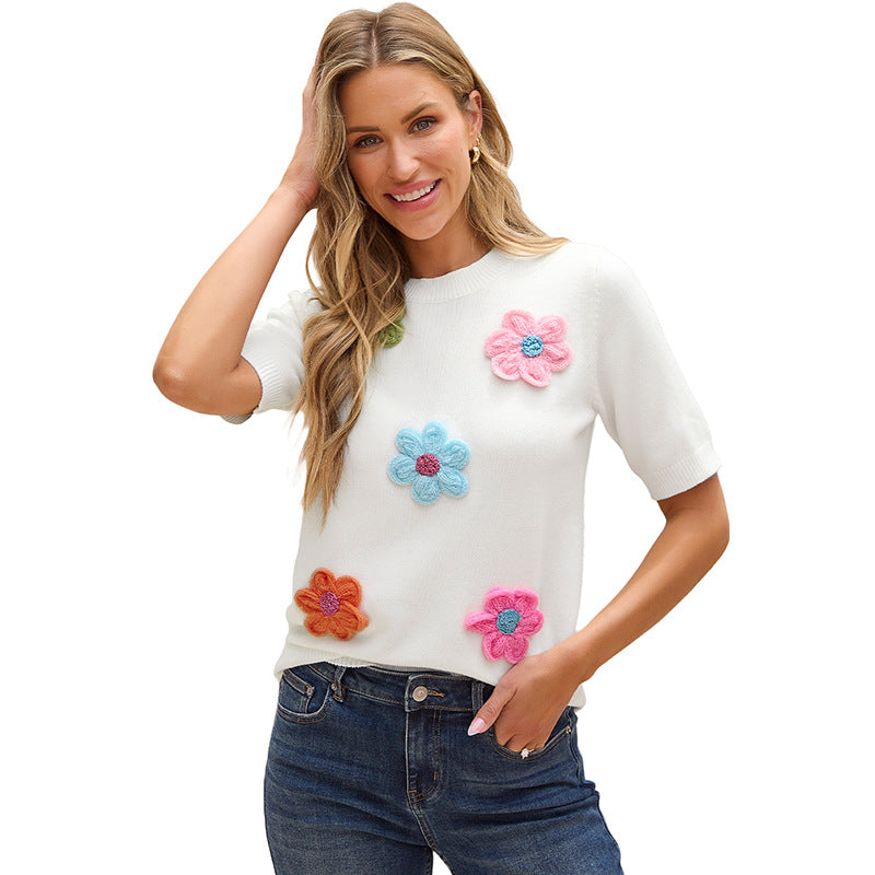 Camiseta de manga corta de punto con decoración floral tridimensional de verano para mujer, de media manga, para oficina