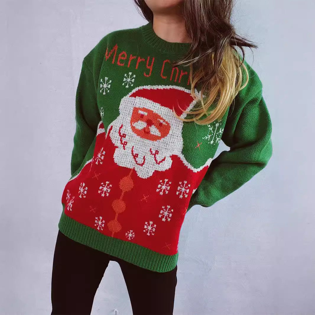 Suéter navideño de Papá Noel con versión jacquard, bonito jersey para mujer