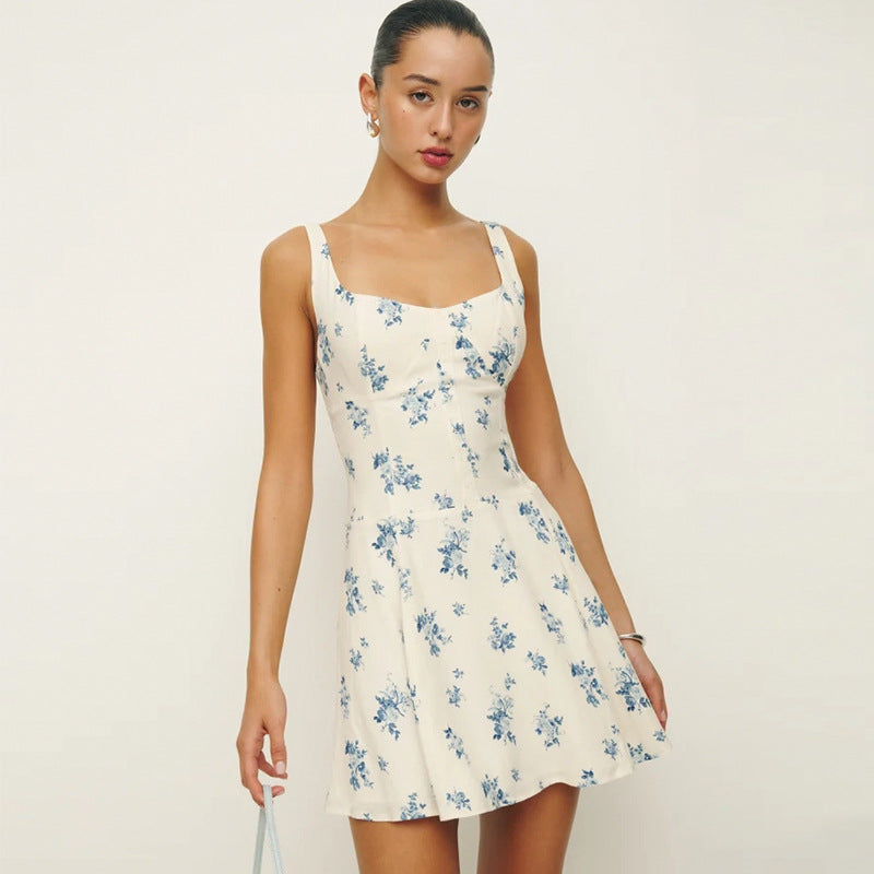 Summer Women Printing Slip Dress Square Collar Backless Fresh Sweet Floral A Line Dress