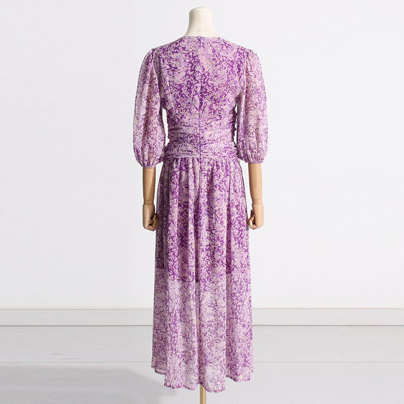 Summer Purple Printed Waist Controlled Slimming Puff Sleeve Design Dress