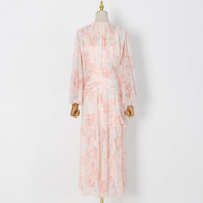 Robe à volants florale automne col rond manches longues qualité plissée imprimé robe Maxi