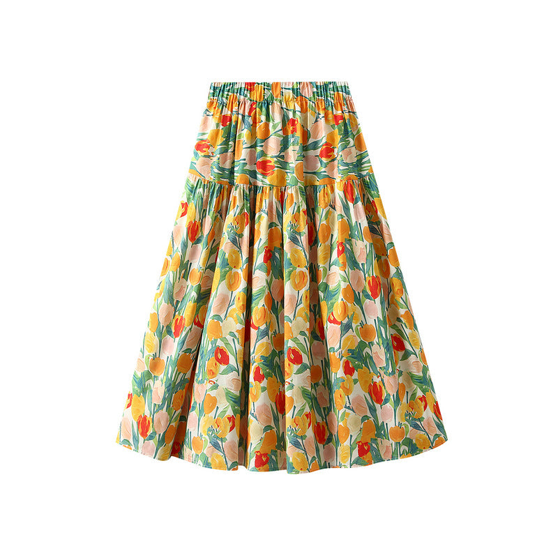 Vacation Printed Slimming Skirt Women Age Reducing Elastic Waist Wide Hem Long Skirt