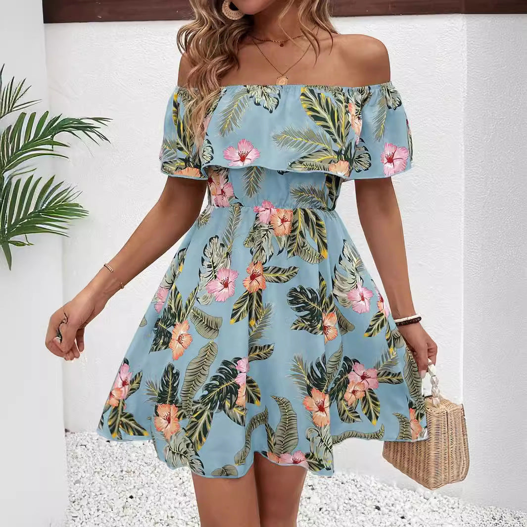 Summer Elegant Ladies Printed off the Shoulder Collar Ruffled Dress