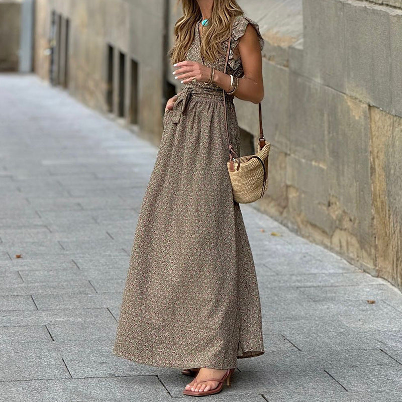 Robe mi-longue imprimée à col en V et manches à volants pour femme, vêtement de printemps et d'été