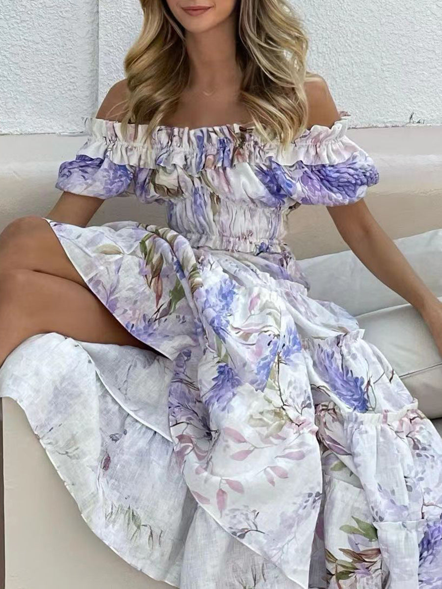 Vestido largo elegante con dobladillo grande para mujer, estampado plisado y hombros descubiertos, ajustado, adelgazante, de verano