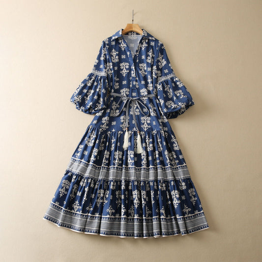 V-neck Lace-up Lantern Sleeve Cotton Silk Printing Dress