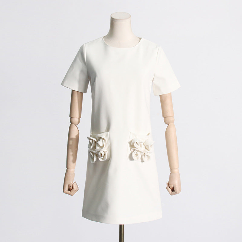 Robe droite à col rond et fleurs tridimensionnelles pour femmes, couture simple française