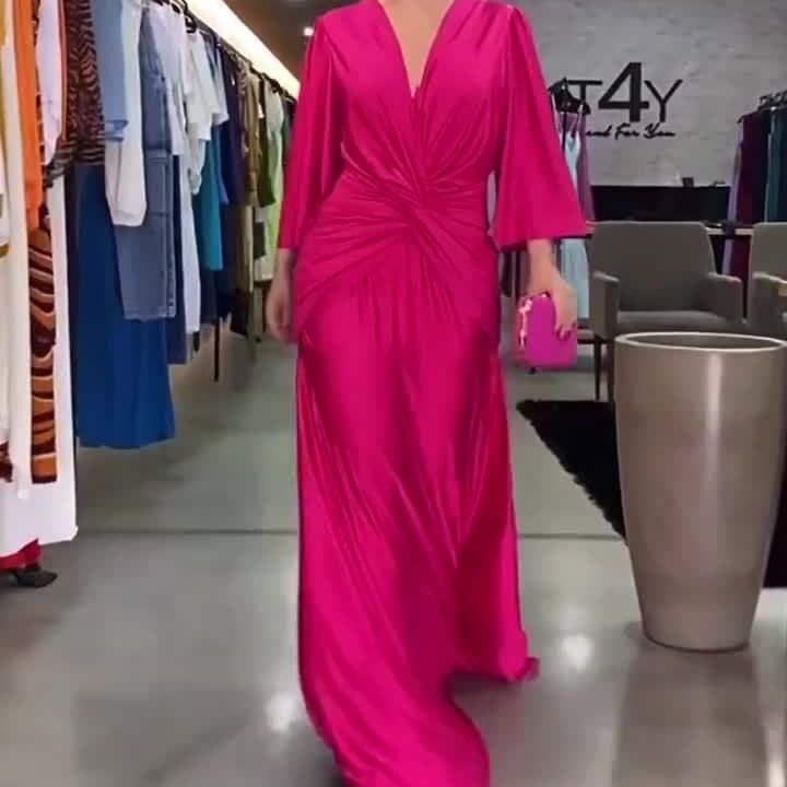 Vestido suelto de color sólido plisado con cuello en V de moda europea y americana