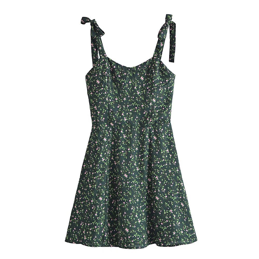 Verano Retro Casual Verde Oscuro Pequeño Vestido Floral Vestido Corto Correa De Lazo