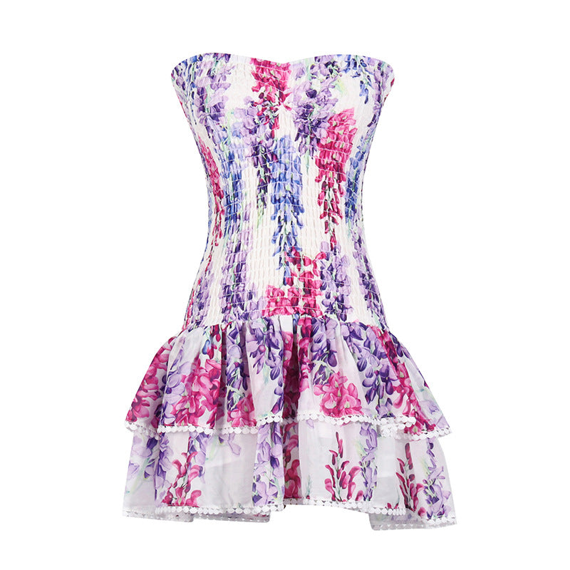 Robe courte sexy à volants pour femme, haut tube imprimé, coupe slim, motif vacances, été