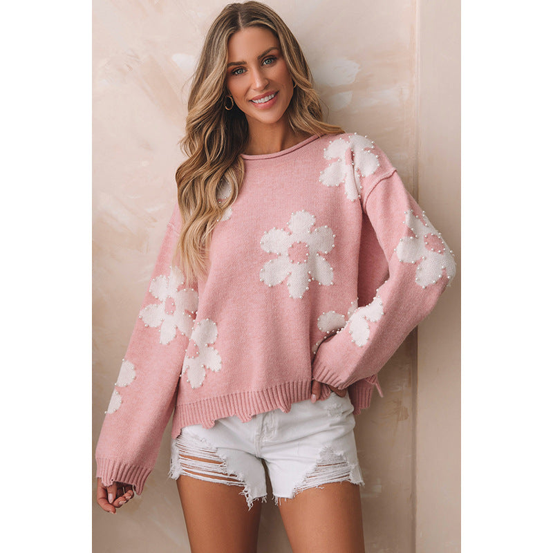 Autumn Winter Drop Shoulder Long Sleeve Top Women Sweet erted Beads Printed Sweater Women