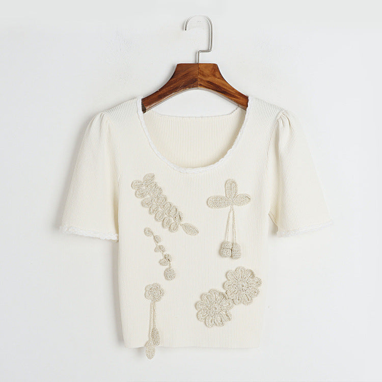 Heavy Industry Manual Three Dimensional Gold Thread Hook Floral Tassel Short Sleeved Top Summer Round Neck Cherry Knitted