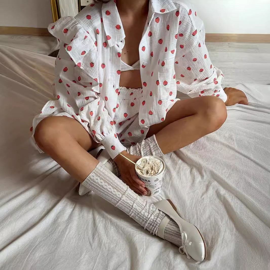 Ensemble chemise et short imprimé en fil de coton, Design à volants, amour fraise, été