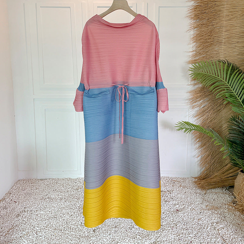 Color Matching Pleated Bell Sleeve Dress Fashion Gradient