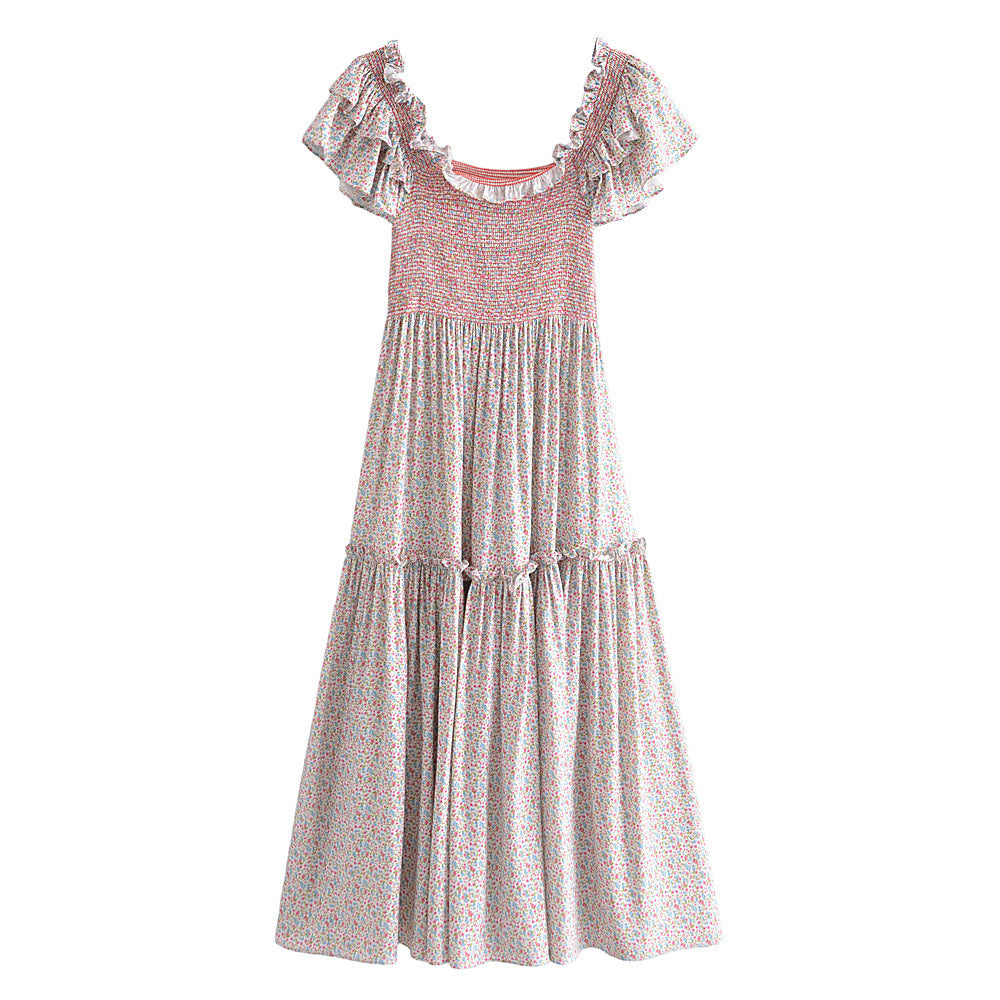 Summer Rayon Small Floral Elastic Big Swing Mid-Length Dress