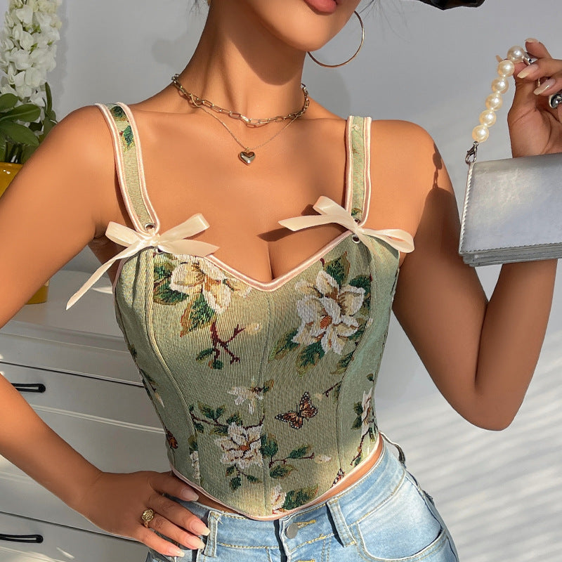 Corset sexy à imprimé floral avec nœud papillon et épaules dénudées pour femme