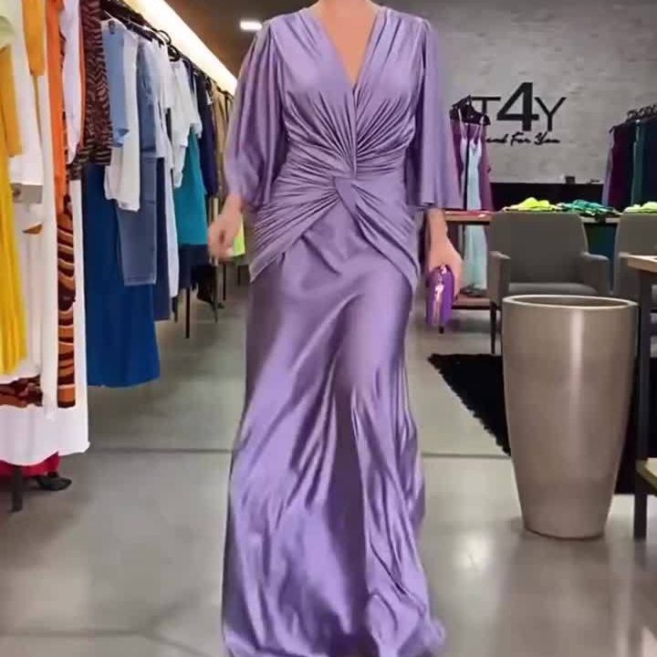 Vestido suelto de color sólido plisado con cuello en V de moda europea y americana