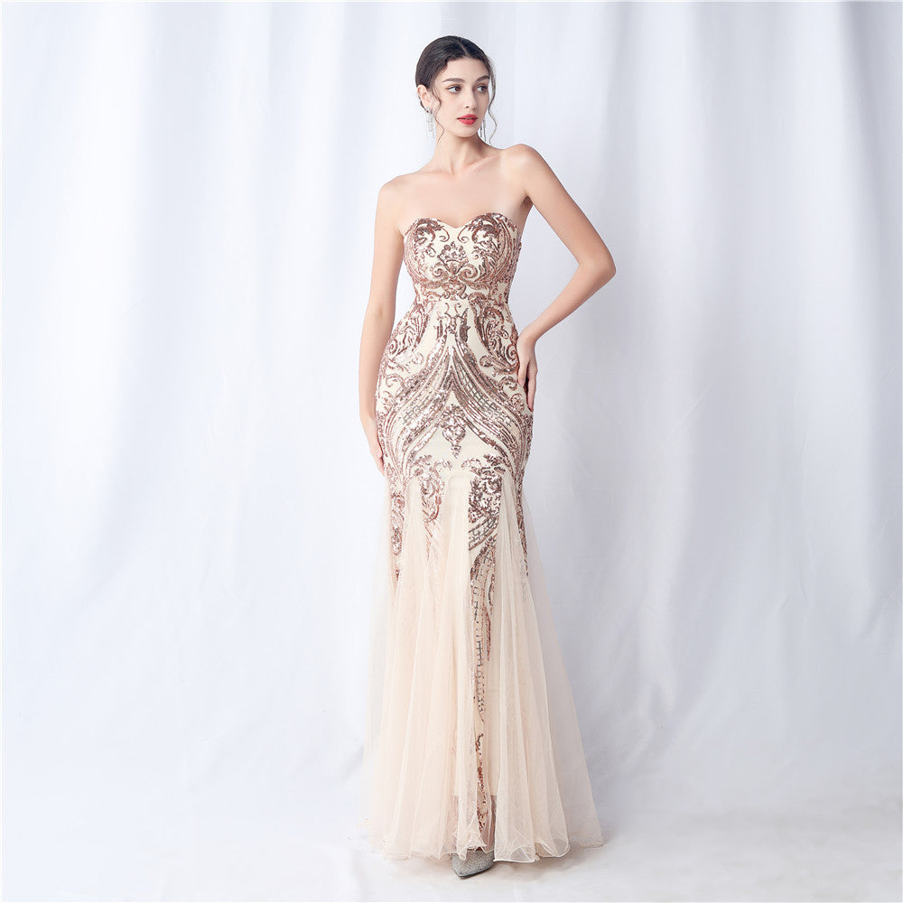 Robe de soirée en maille à coupe florale et paillettes, pour dîner de mariage, Toast, fête annuelle