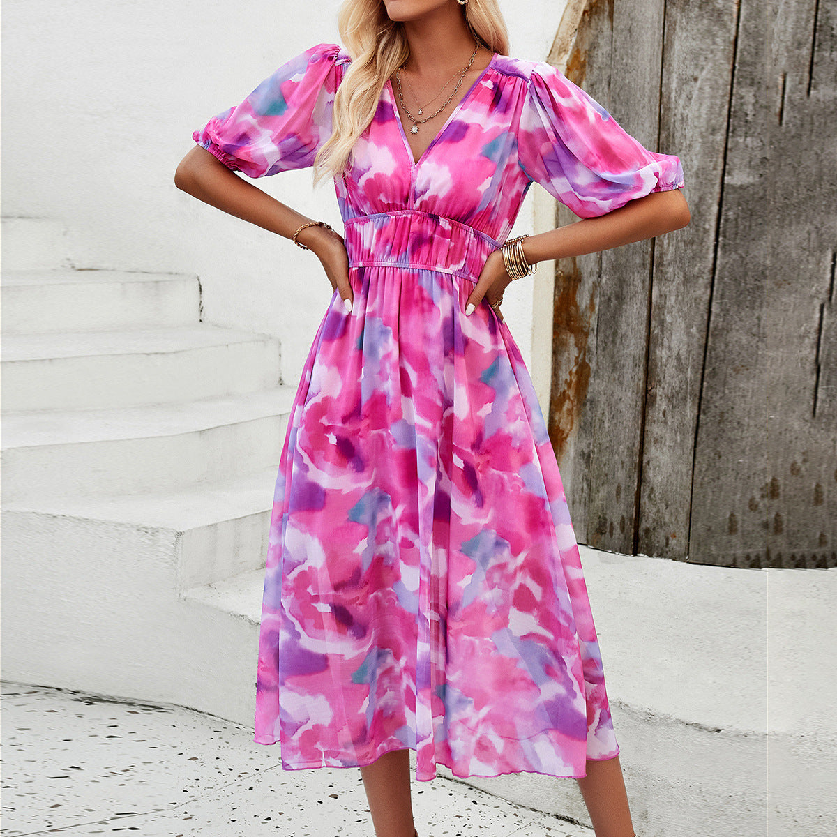 Women's Clothing Holiday Floral Print Waist-tight V-neck Dress