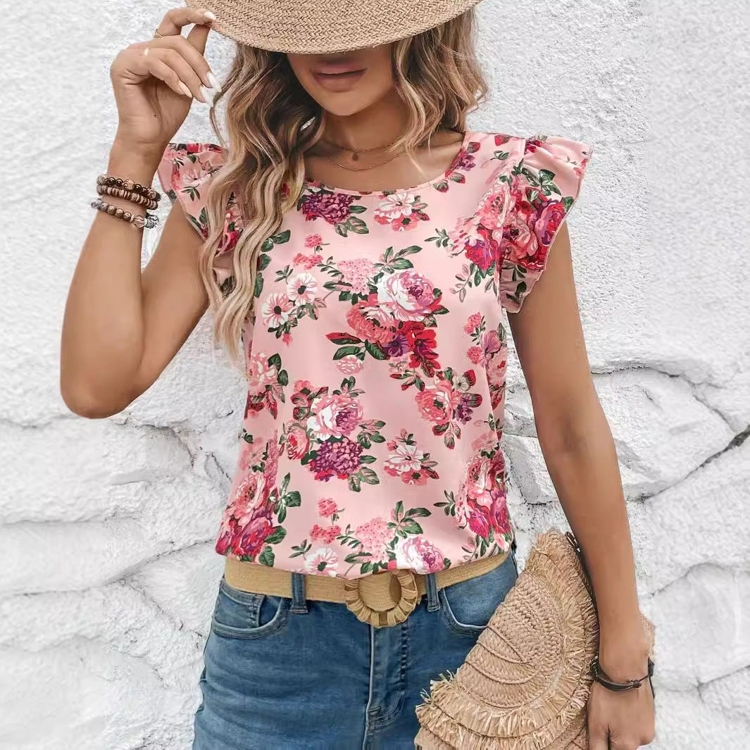 Camisa de mujer de manga corta con estampado floral de verano