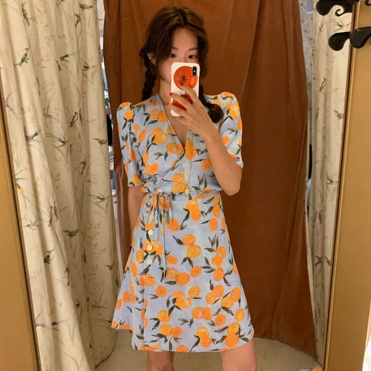 Robe nouée à fleurs française, imprimé Orange, col en v, manches courtes, Slim