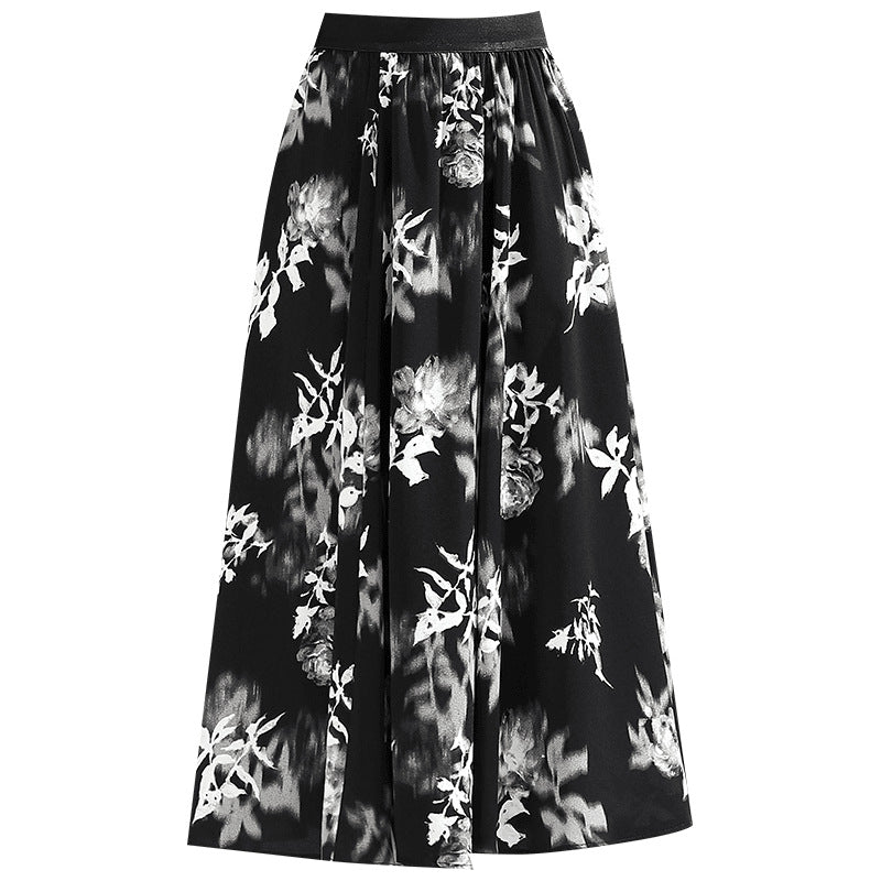 Chinese Floral Skirt Summer High Grade Super Nice High Waist Slit A Line Skirt Skirt