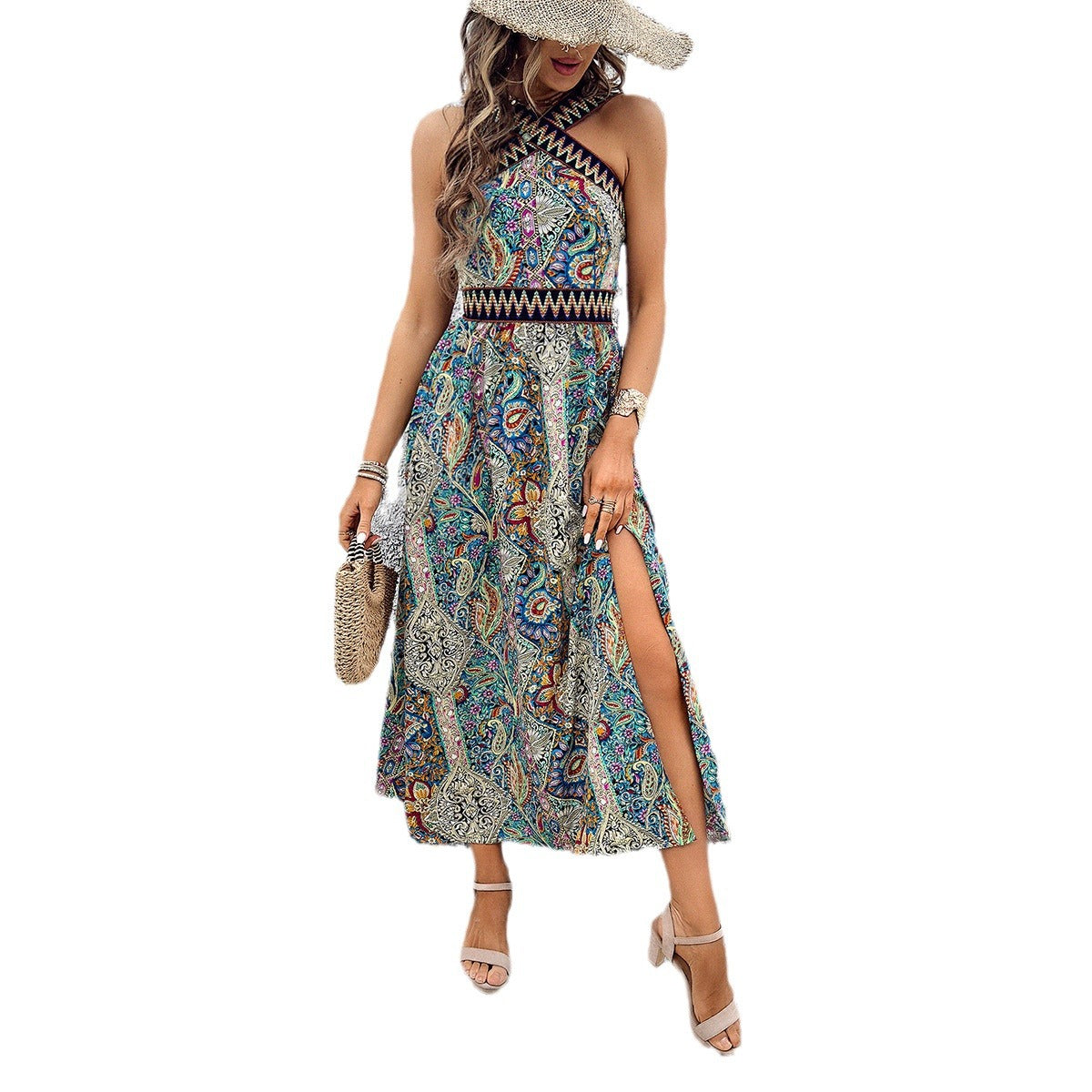 Vestido dividido con estampado floral y vacaciones informal a la moda para mujer