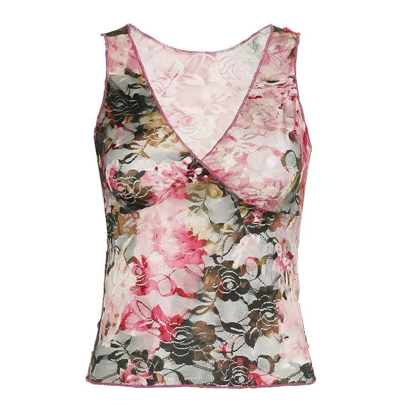 Gilet d'extérieur en dentelle à imprimé floral et col en V, doux, élégant, mince et amincissant