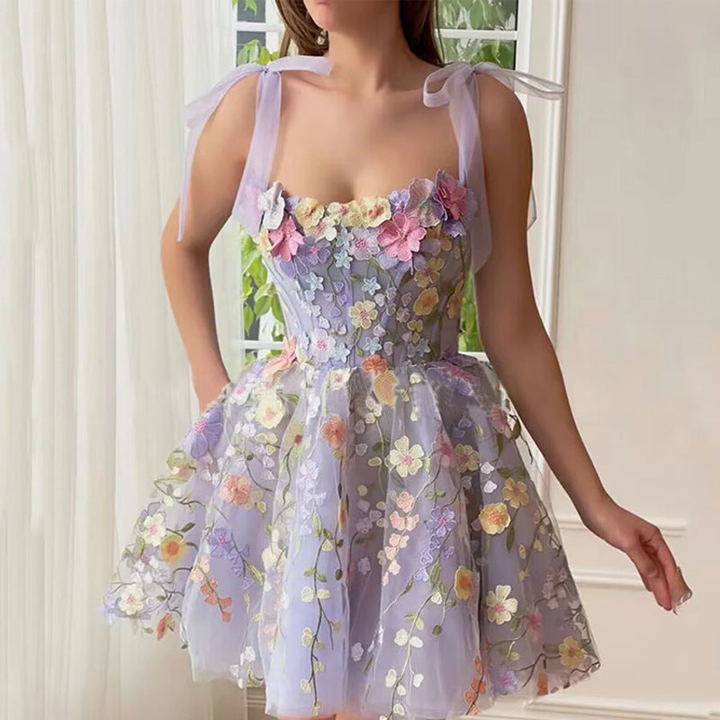 Women Three Dimensional Floral Embroidered Sheath Sexy Cami Dress Organza