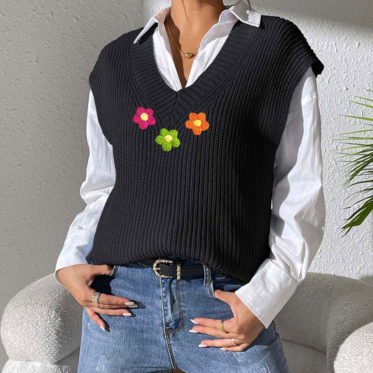 Chaleco de mujer, ropa de mujer, primavera Otoño, cuello en V, chaleco Simple, costura de ganchillo a mano, suéter tejido, chaleco