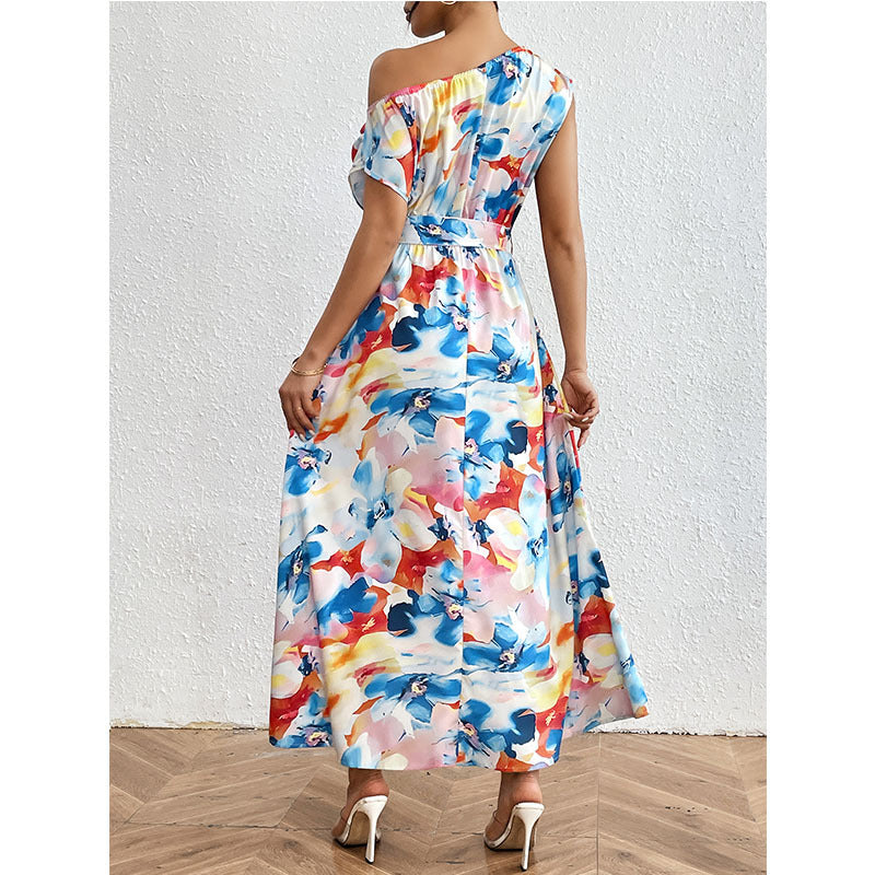 Robe d'été à col diagonale, populaire, taille contrôlée, à lacets, imprimée, Maxi, pour femmes