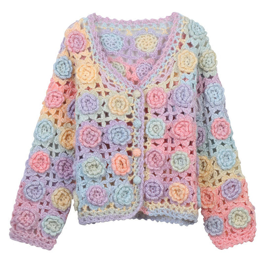 Cardigan tricoté arc-en-ciel dégradé de couleur, crochet ajouré, Design découpé, doux, col en V, haut à manches longues pour femmes, printemps été