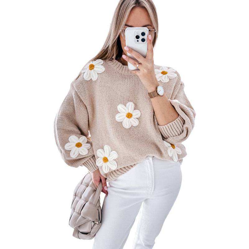 Pull d'automne et d'hiver à col rond et manches longues pour femme, haut à motif floral au crochet