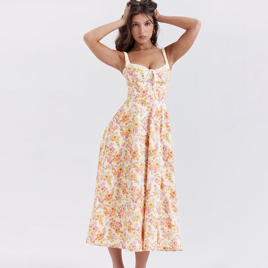 Robe d'été à imprimé floral pour femme, tenue de vacances sexy, dos nu, fente, mi-longue