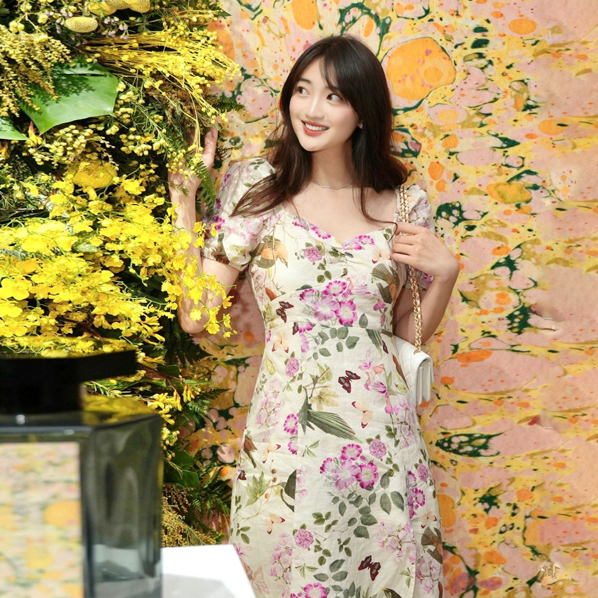 Spring And Summer Puff Sleeve Linen Mid-length Flower Print Tea Dress