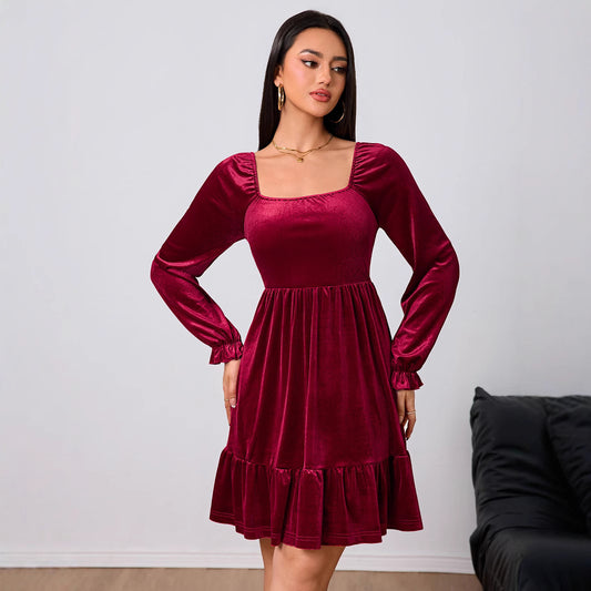 Vestido de terciopelo francés rojo vino para mujer, vestido midi de otoño e invierno