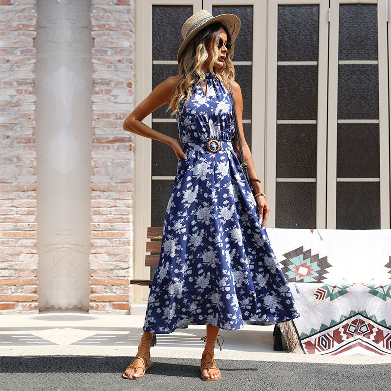 Vestido halter sin mangas estampado de verano para mujer