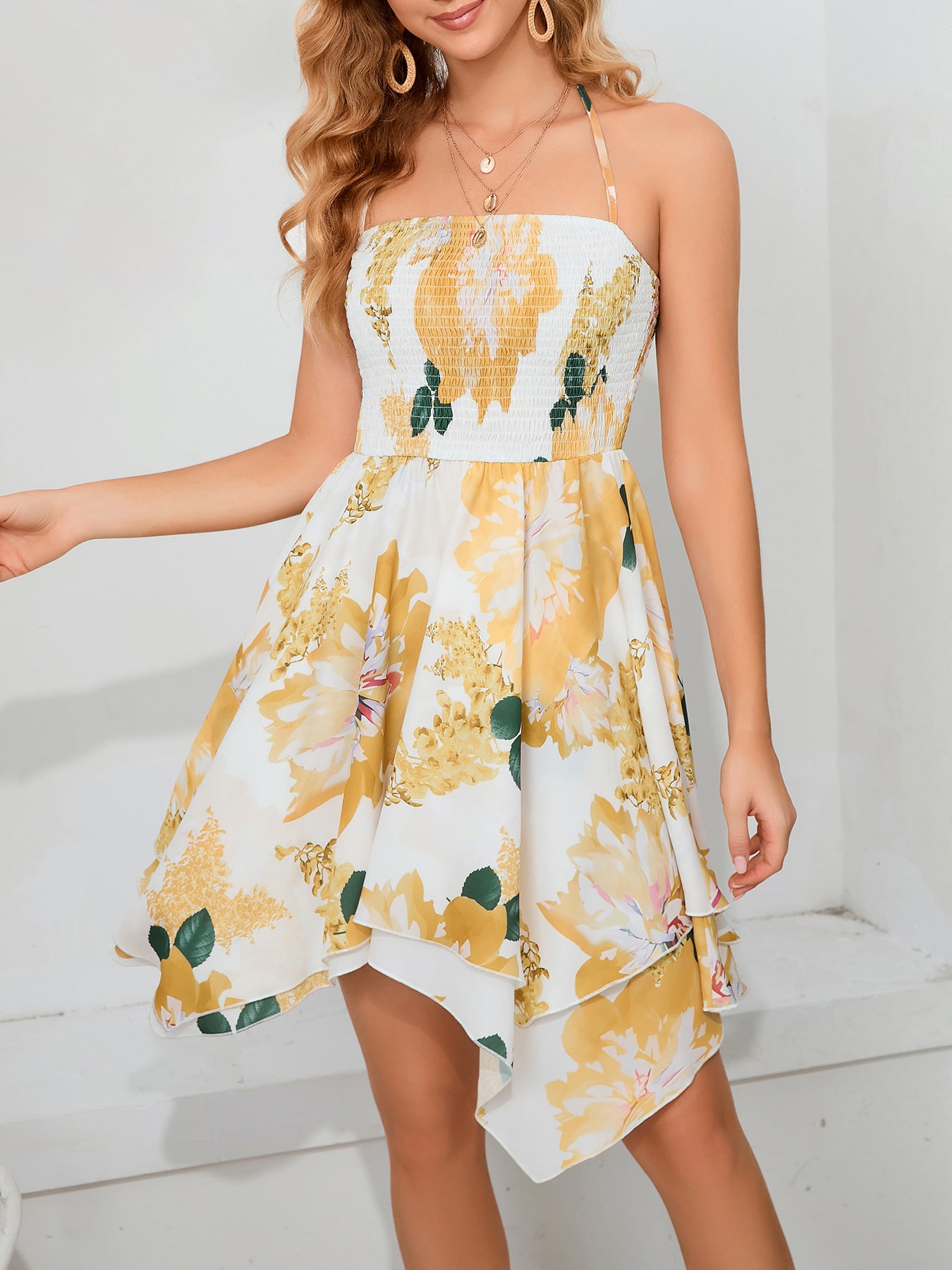 Women Station Floral Print Backless Hanging on Neck Tied Slim Fit Dress