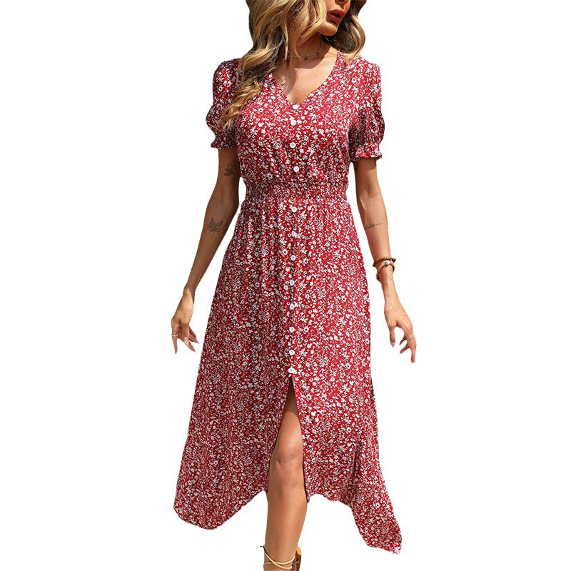 Asymmetric Skirt Red Elegance Retro Floral Dress