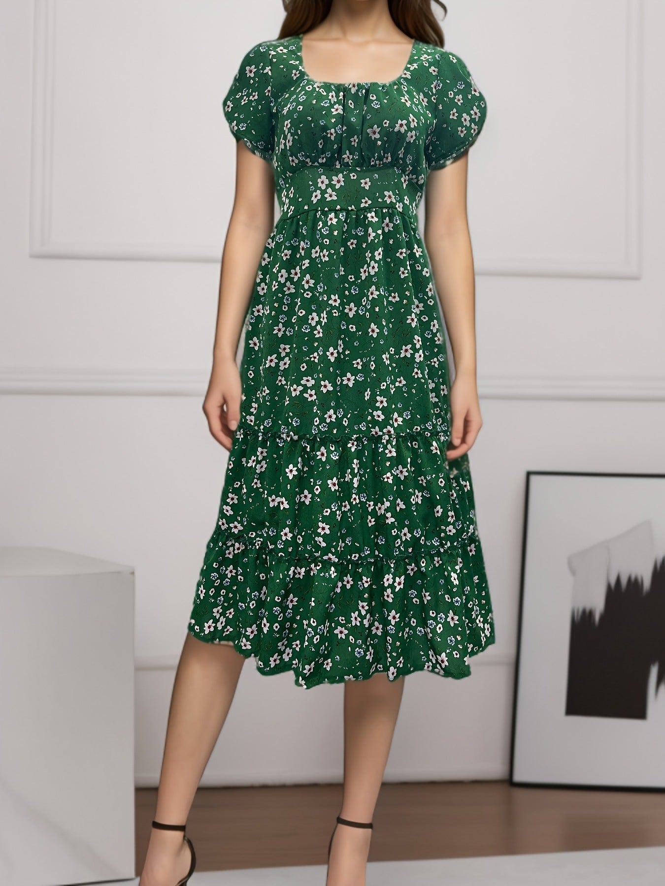 Robe d'été à manches courtes et col carré, robe longue bouffante imprimée florale