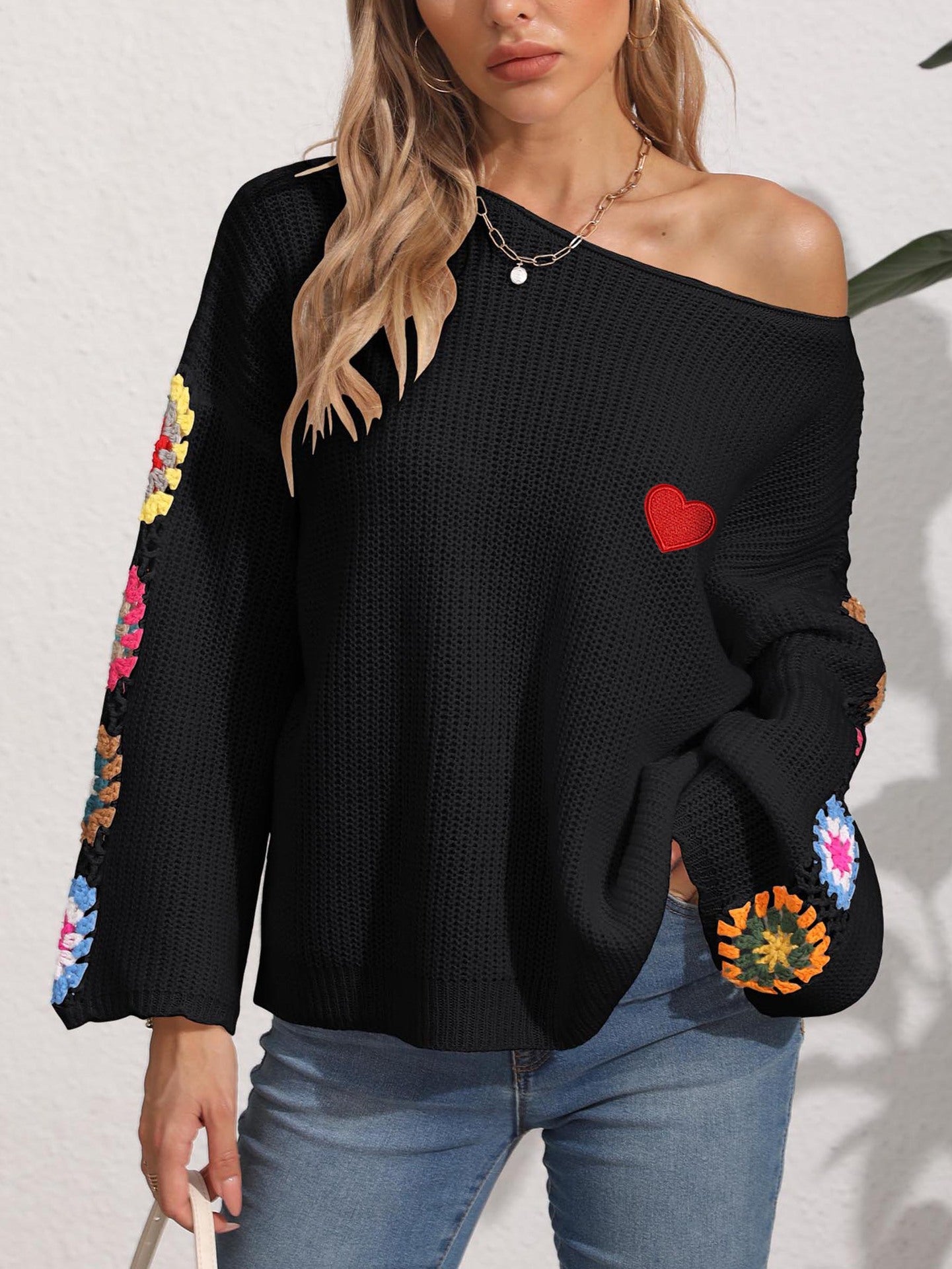 Women Pullover Sweater Autumn Winter Women Clothing Off Neck Off Shoulder Loose Top Hand Random Mixed Color Crocheted