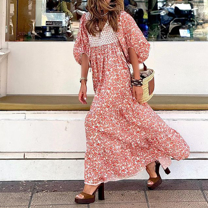 Robe de vacances populaire à manches bouffantes imprimée