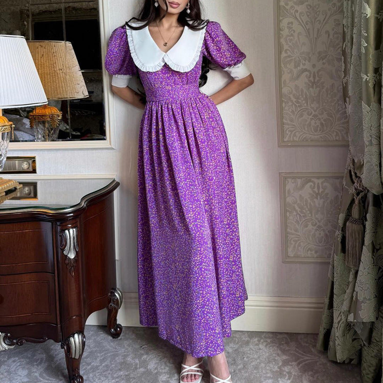 Vestido de mujer con cuello Peter Pan francés, manga corta, vestido morado con estampado floral y lazo en el cuello