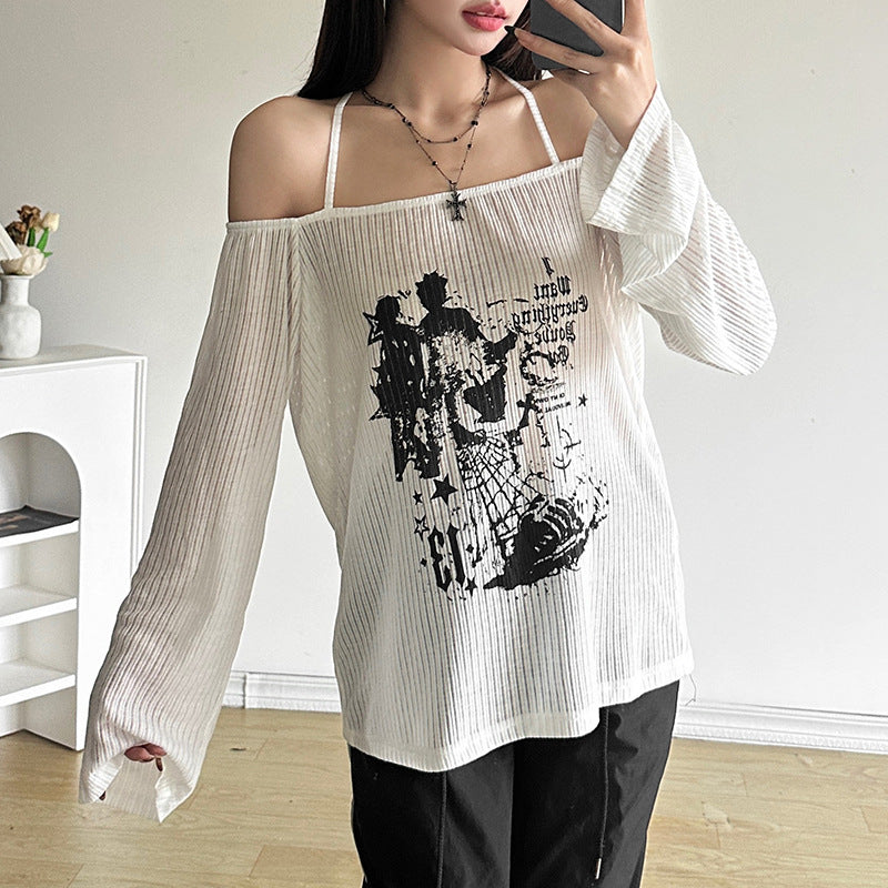 Summer Women Clothing Sexy Personality Street Floral Print off Shoulder Loose All Match Sheer Top Women