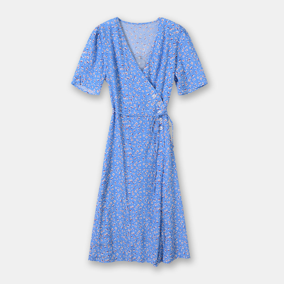 Robe longue portefeuille à lacets, tenue de thé française, jupe florale, bleu clair, Style rétro