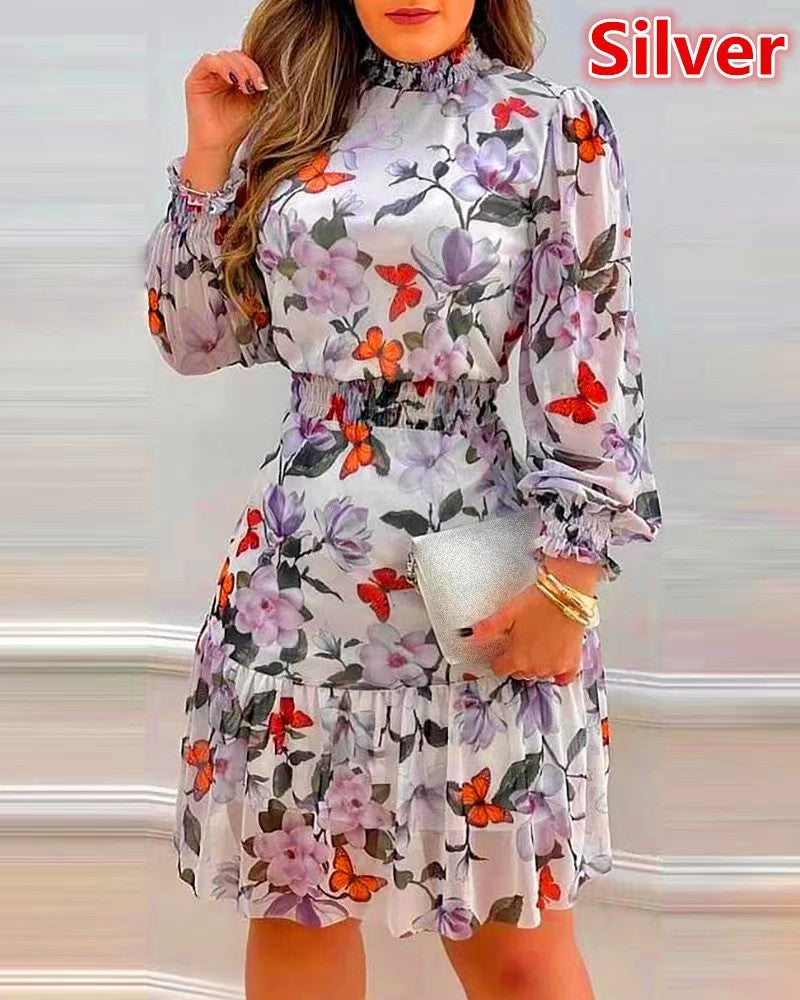 Vestido con estampado floral y cuello pila de temperamento a la moda para mujer