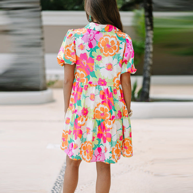 Vestido de verano con estampado Floral y mangas abullonadas, bonito vestido hasta la rodilla para mujer