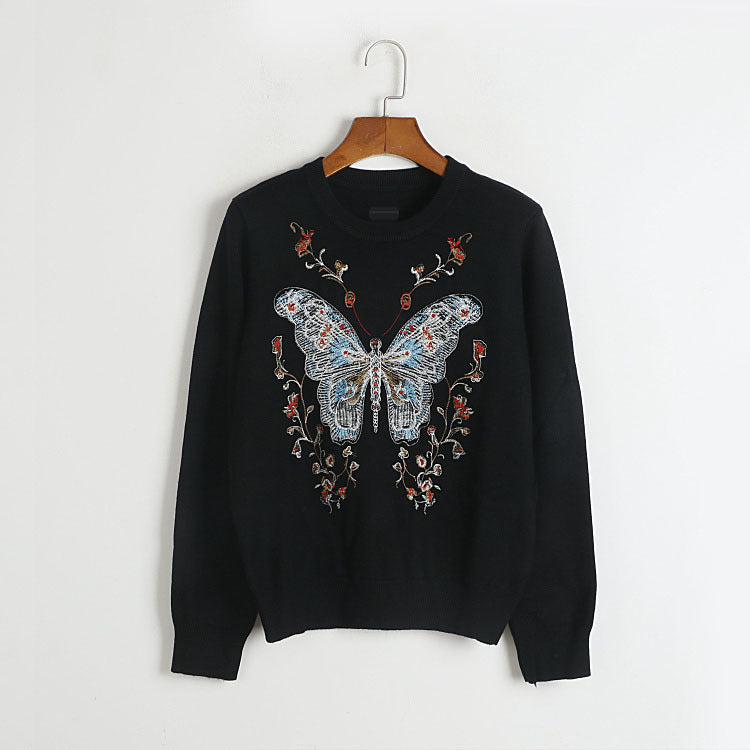 Automne Hiver Heavy Industry Papillon Floral Crochet Broderie Tricot Haut Élégance Rétro Artistique Tout Match Pull Femmes