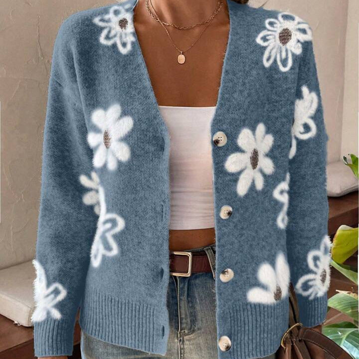 Autumn Winter Graceful Cute Floral Pattern Casual Knitted Sweater Cardigan